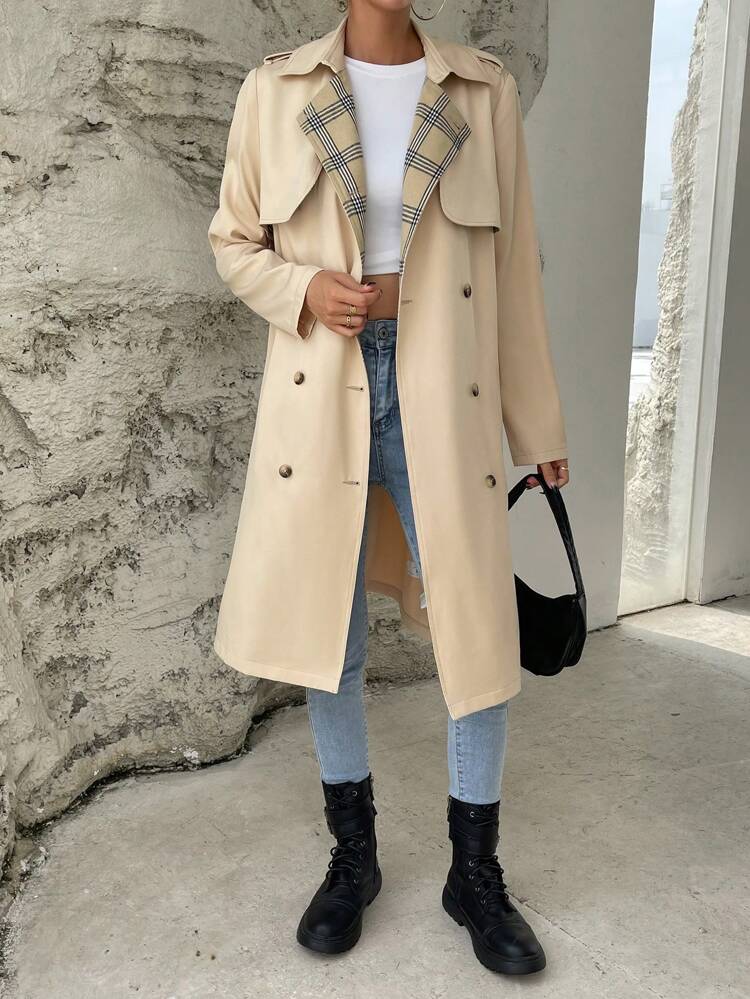 Plaid Double Breasted Trench Coat