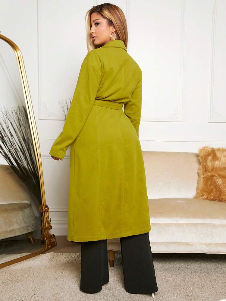 Lapel Neck Pocket Patched Belted Overcoat