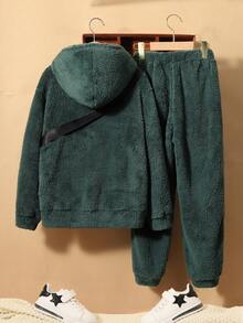 SHEIN Tween Boy Letter Embroidery Hooded Teddy Jacket & Pants & Bag - Dark Green - View 2
