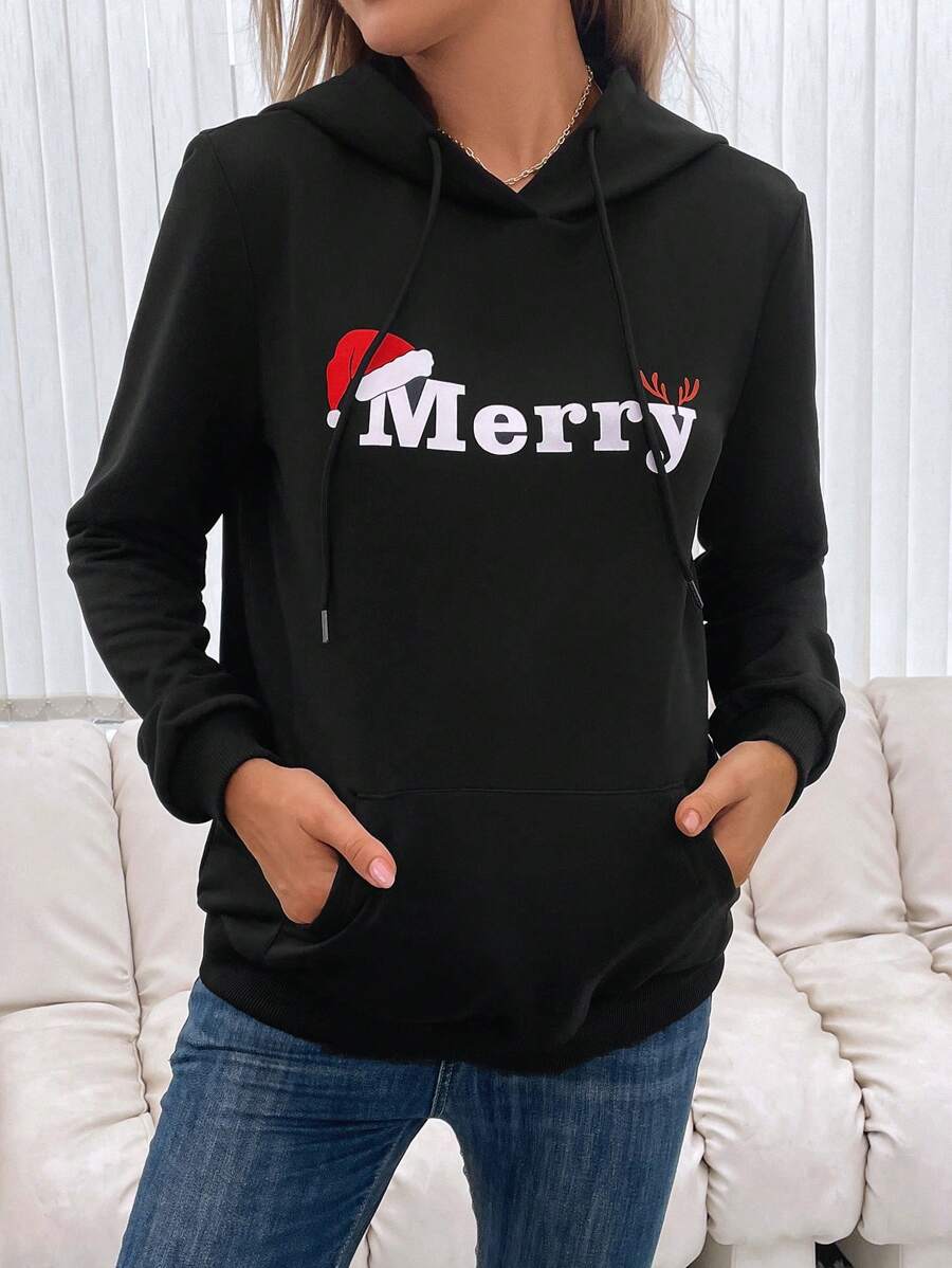 SHEIN 孕妇圣诞字母图案袋鼠口袋抽绳卫衣 - 黑色 - 查看 1