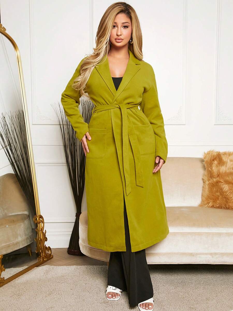 SHEIN SXY Lapel Neck Pocket Patched Belted Overcoat