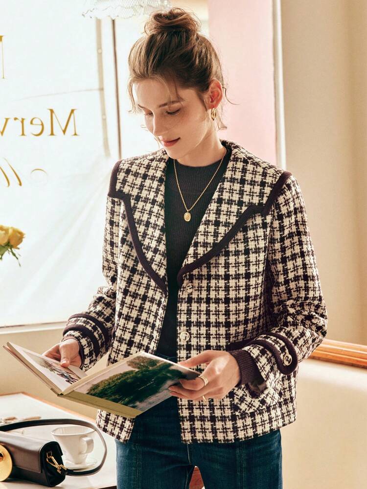 Plaid Pattern Contrast Binding Coat