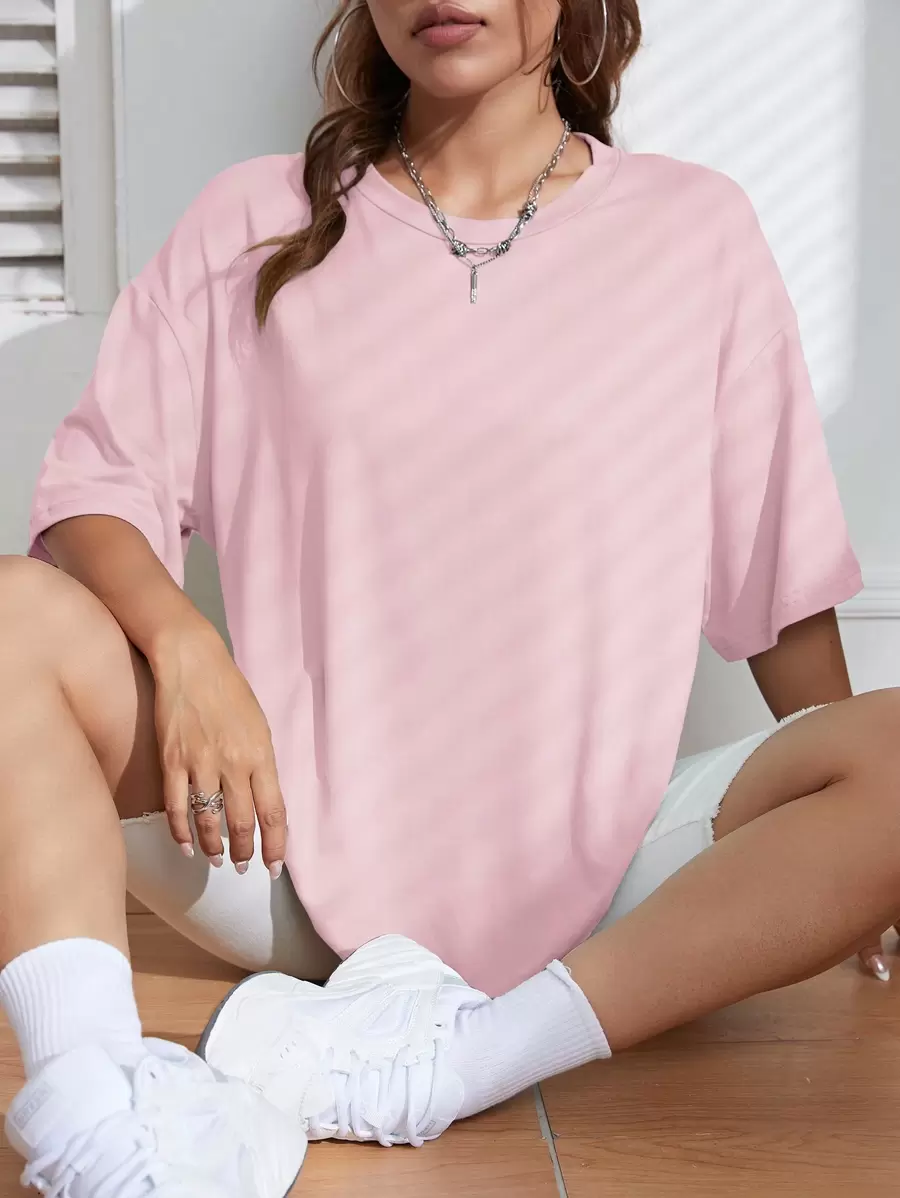 INAWLY Solid Drop Shoulder Tee - Pink - View 1