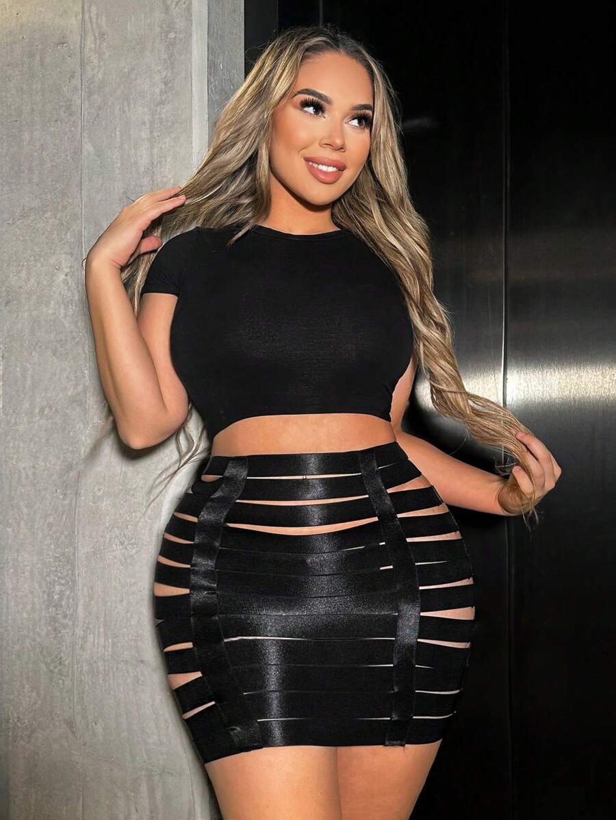 SHEIN SXY Cut Out Bandage Bodycon Skirt - Black - View 1