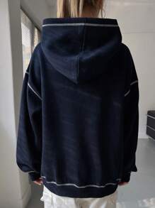 DAZY 女式休闲字母印花保暖内衬连帽卫衣，秋冬 - 藏蓝色 - 查看 2
