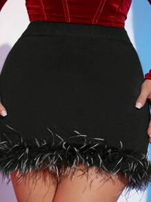 SHEIN SXY 毛茸邊緊身針織短裙 - 黑色 - 查看 4