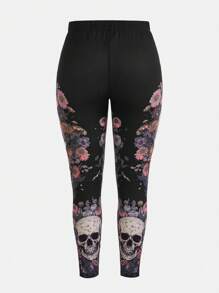 Pretty Circuits Artist Dark Plus Skull & Floral Print Leggings, For Summer, Holiday, Vacation, Festival - Black - View 4