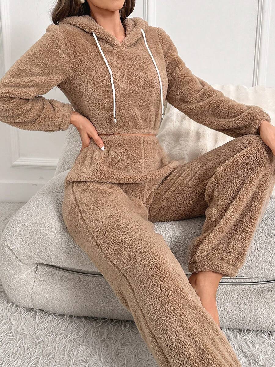 抽繩純色女士家居服套裝 - 卡其色 - 查看 1