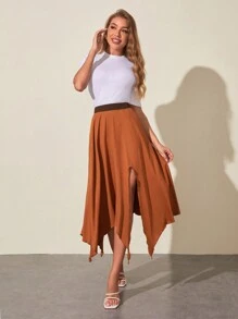 SHEIN Clasi Solid Contrast Waist Hanky Split Thigh Skirt