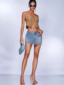 SHEIN BAE Vòng liên Ca-vát Backless Áo hai dây - Màu Khaki - Xem 4