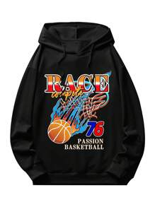ROMWE MEN Street Life Guys Basketball & Letter Graphic Drawstring Thermal Hoodie - Black - View 1