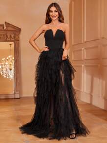 优雅迷人的露肩缺口领口礼服，搭配多层薄纱裙和超高开衩 - 拼接网眼面料晚礼服，适合庆典、婚礼和夏季派对（季节性） - 黑色 - 查看 6