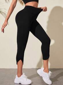 Easithlete Reflective Back Wide Waistband Capri Sports Leggings - Black - View 5