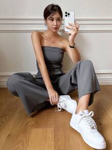 DAZY 纯色抹胸阔腿裤，女士两件套 - 灰色 - 查看 3