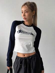 DAZY Camiseta con estampado de letra de manga raglán - Blanco - Ver 5