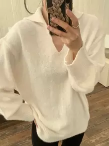 DAZY Solid Drop Shoulder Sweater Fall - White - View 7