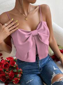 SHEIN Privé Big Bow Front Shirred Back Cami Top - Pink - View 1
