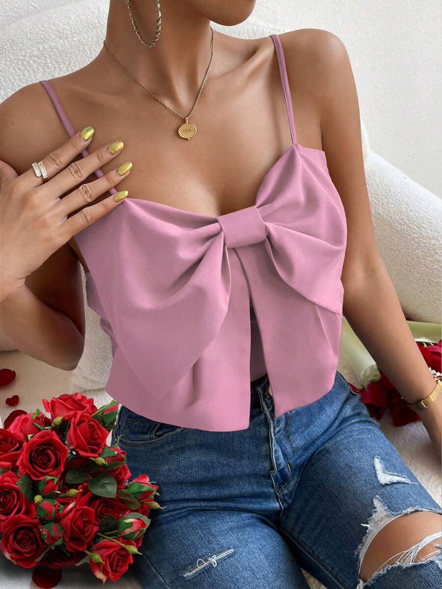 SHEIN Privé Big Bow Front Shirred Back Cami Top - Pink - View 1