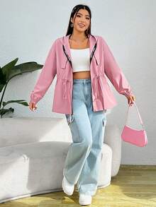 SHEIN EZwear 加抽繩腰落肩連帽大衣 - 藕粉色 - 查看 4