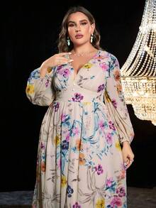 大碼印花燈籠袖高衩雪紡洋裝 - 彩色 - 查看 6