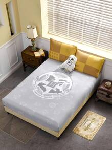 HARRY POTTER X SHEIN 1pc Animal Grey Fitted Sheet,Gifts Suitable For Children's Single Bed/Double Bed/King Bed/King Bed - Light Grey - View 2