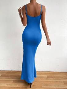 SHEIN Unity Vestido de tirantes unicolor bajo sirena - Azul - Ver 2
