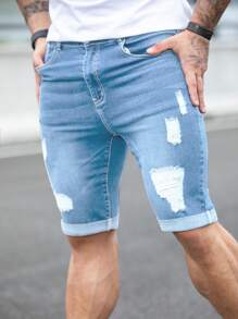 Manfinity Homme Men Ripped Frayed Bleach Wash Denim Shorts Jorts
