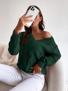 EMERY ROSE Solid Cable Knit V Neck Knit Pullover Fall Winter Sweater - Dark Green - View 4
