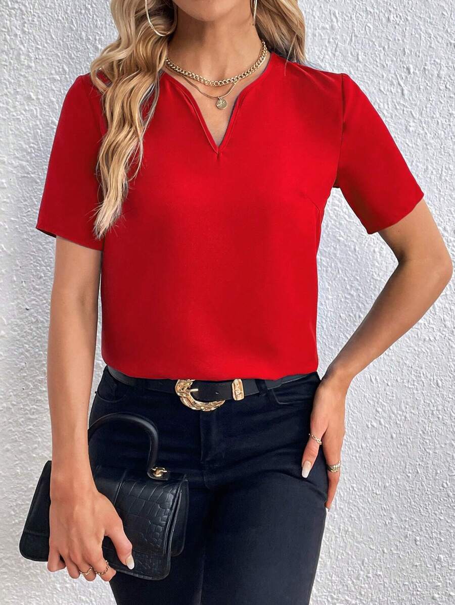 SHEIN Essnce Blusa con cuello abotonado liso, top de manga corta - Rojo - Ver 1
