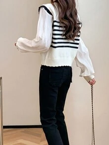 Alicedudu 条纹二合一毛衣，长袖上衣 - 米色 - 查看 2