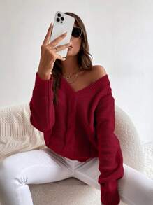 SHEIN LUNE Solid Cable Knit V Neck Knit Pullover Fall Winter Sweater - Burgundy - View 5