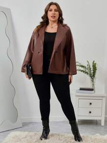 SHEIN Clasi Plus Double Button PU Leather Coat - Chocolate Brown - View 6