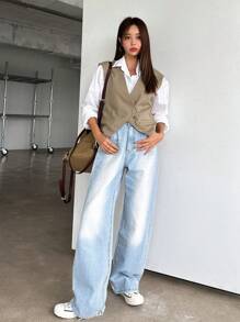 DAZY 1 pieza Chaleco con botones Blazer Atuendo de negocios - Café integral - Ver 3