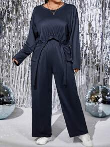 SHEIN LUNE Plus Drop Shoulder Asymmetrical Hem Top & Pants