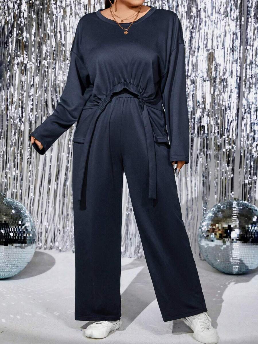 SHEIN LUNE Plus Drop Shoulder Asymmetrical Hem Top & Pants