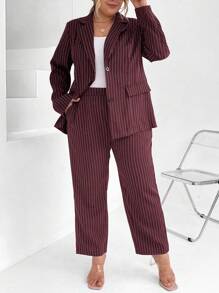 Calvaya Plus Pinstriped Print Blazer & Pants - Burgundy - View 7
