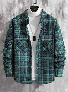 Manfinity Homme Men Plaid Print Flap Pocket Shacket - Green - View 1