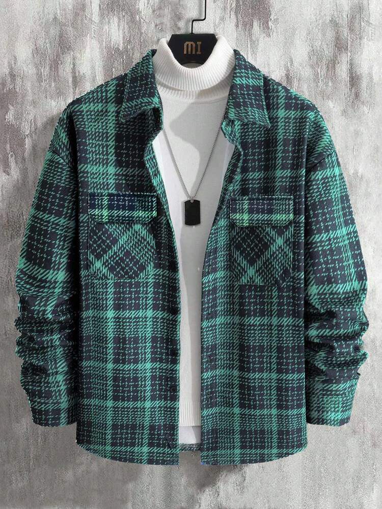 Men Plaid Print Flap Pocket Shacket