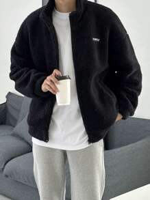 DAZY Men Letter Patched Drop Shoulder Teddy Jacket Fall,Winter