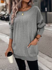 SHEIN LUNE 雙口袋蝙蝠袖口袋貼布套頭毛衣 - 灰色 - 查看 5