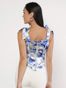 EastFlair Tiger Print Tie Shoulder Asymmetrical Hem Wide Strap Top