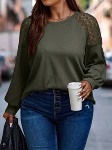 Calvaya 大碼蕾絲拼接插肩袖T恤 - 軍綠色 - 查看 3