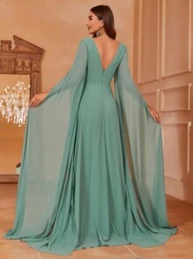 Faeriesty 褶饰前襟斗篷袖雪纺礼服 - 綠色 - 查看 3