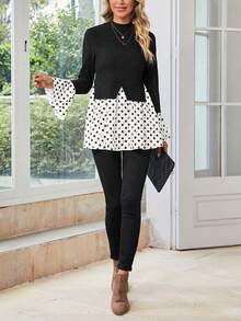 EMERY ROSE Polka Dot Print Flounce Sleeve Peplum Top - Black and White - View 5