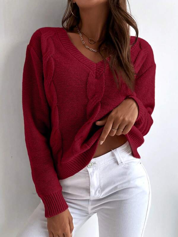 EMERY ROSE Solid Cable Knit V Neck Sweater