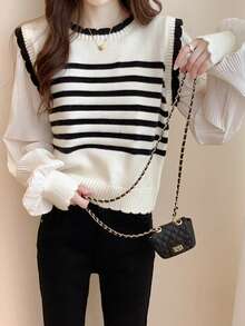 Alicedudu 条纹二合一毛衣，长袖上衣 - 米色 - 查看 3