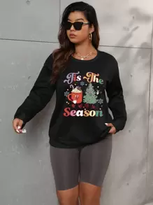 Flirla Plus Cartoon & Letter Graphic Drop Shoulder Sweatshirt Pullover Fall Sweatshirt - Black - View 3