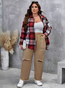 SHEIN LUNE Hơn Rách Cắt Thô Quần legging thẳng - Màu Khaki - Xem 4
