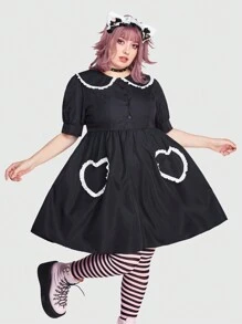 ROMWE Kawaii Plus Contrast Lace Trim Statement Collar Dress - Black - View 4