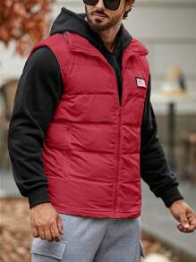 Manfinity Homme Loose Fit Men's Padded Coat With Flag Patched Detail And Zipper Vest - Red - View 5